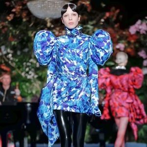 Richard Quinn AW19 Puff Shoulder Floral Print Pleated Mini Dress